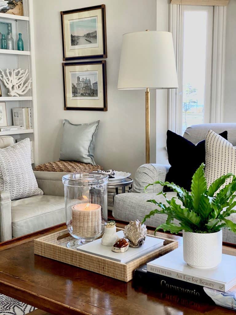 coffee table styling with antique prints