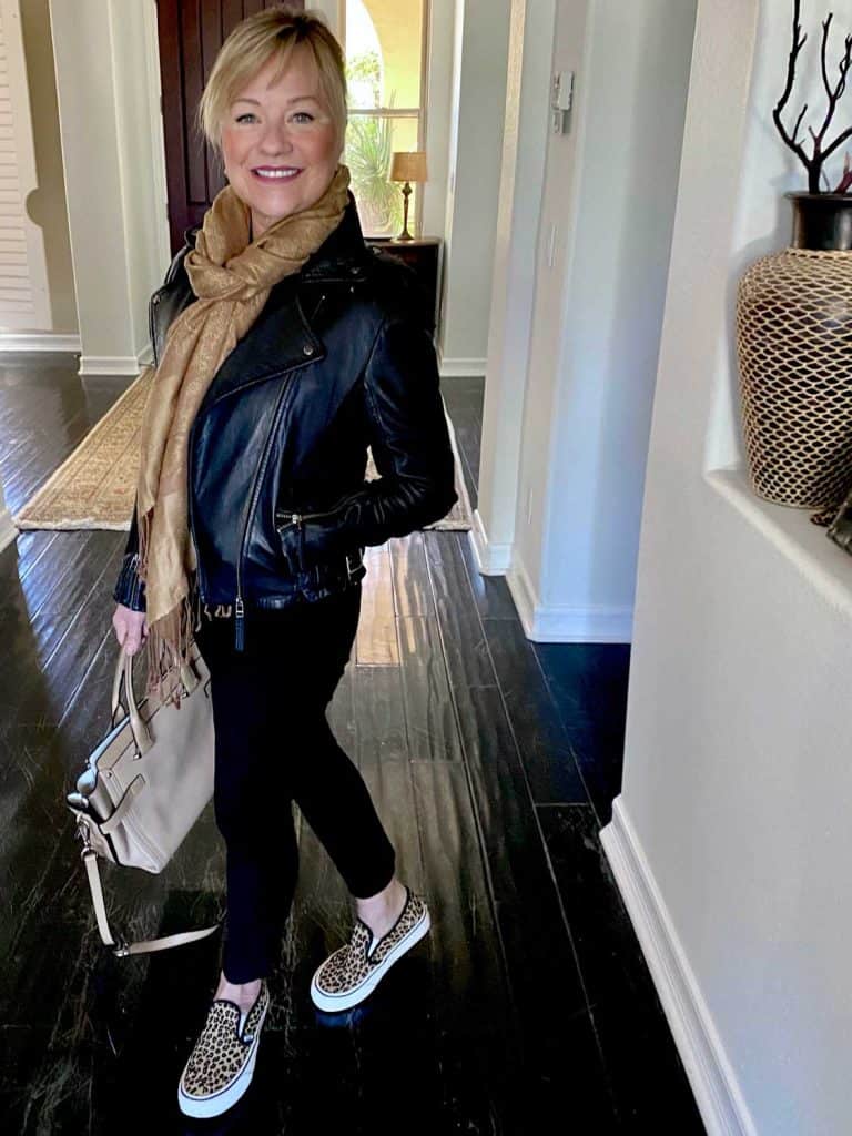 Mary Ann Pickett in leather jacket and sneakers