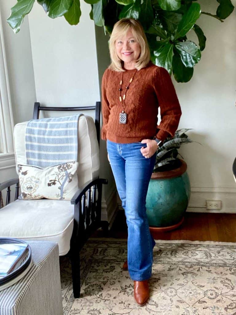 Mary Ann Pickett wearing s cozy classic sweater