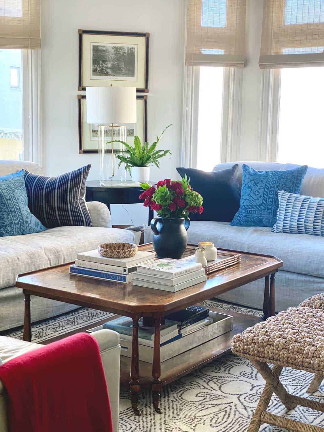 The San Francisco Living Room of decorator Mary Ann Pickett with touches of red