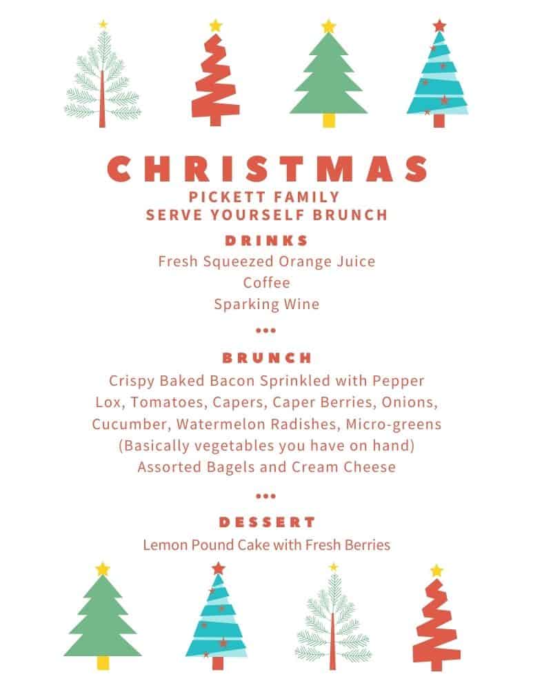 Mary Ann Pickett's Christmas Family Brunch menu
