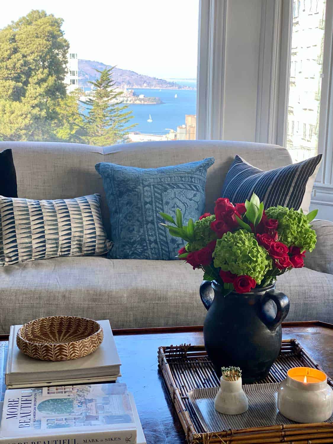 Blue and Black Throw pillows with a view of Alcatraz Island