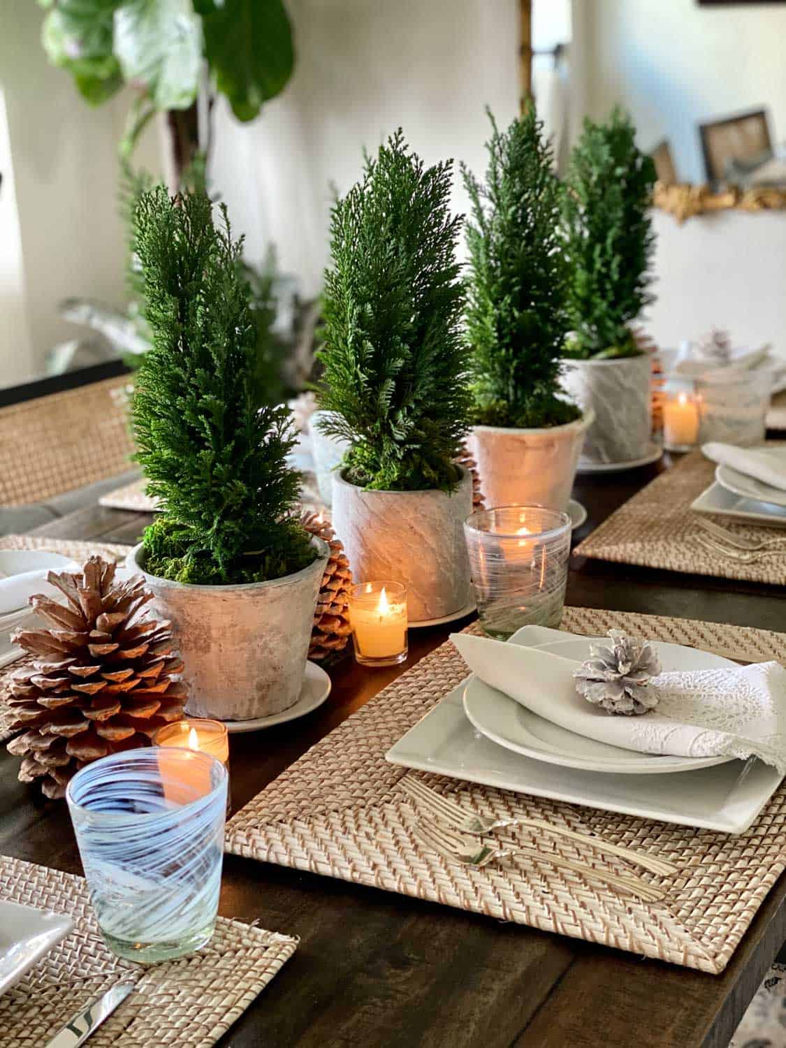 Lifestyle Blogger Mary Ann Pickett's Winter Table with Mini Cypress Trees and Pinecones