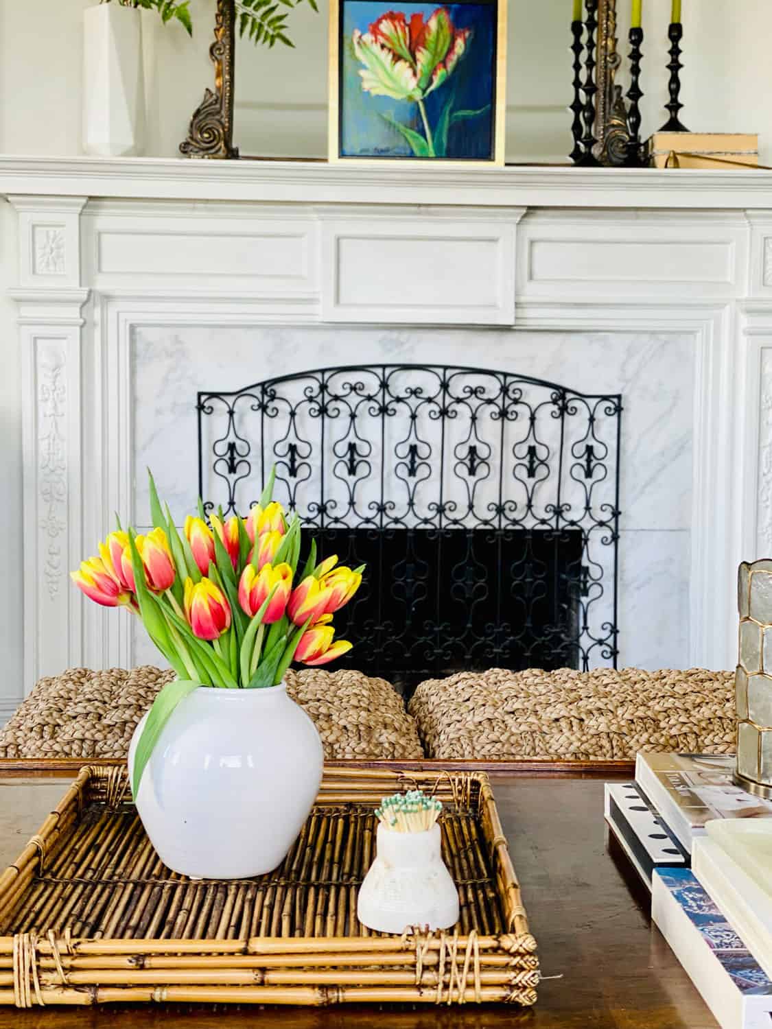 Coffee Table Styling with Tulips and White ceramic vase from Target