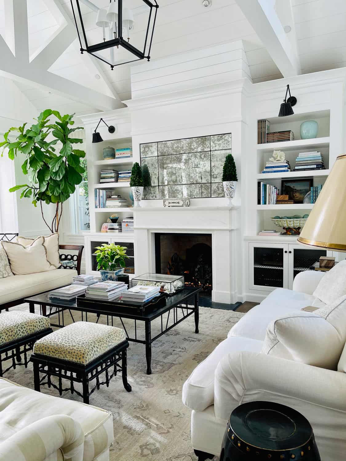 White Living Room with beamed ceiling
