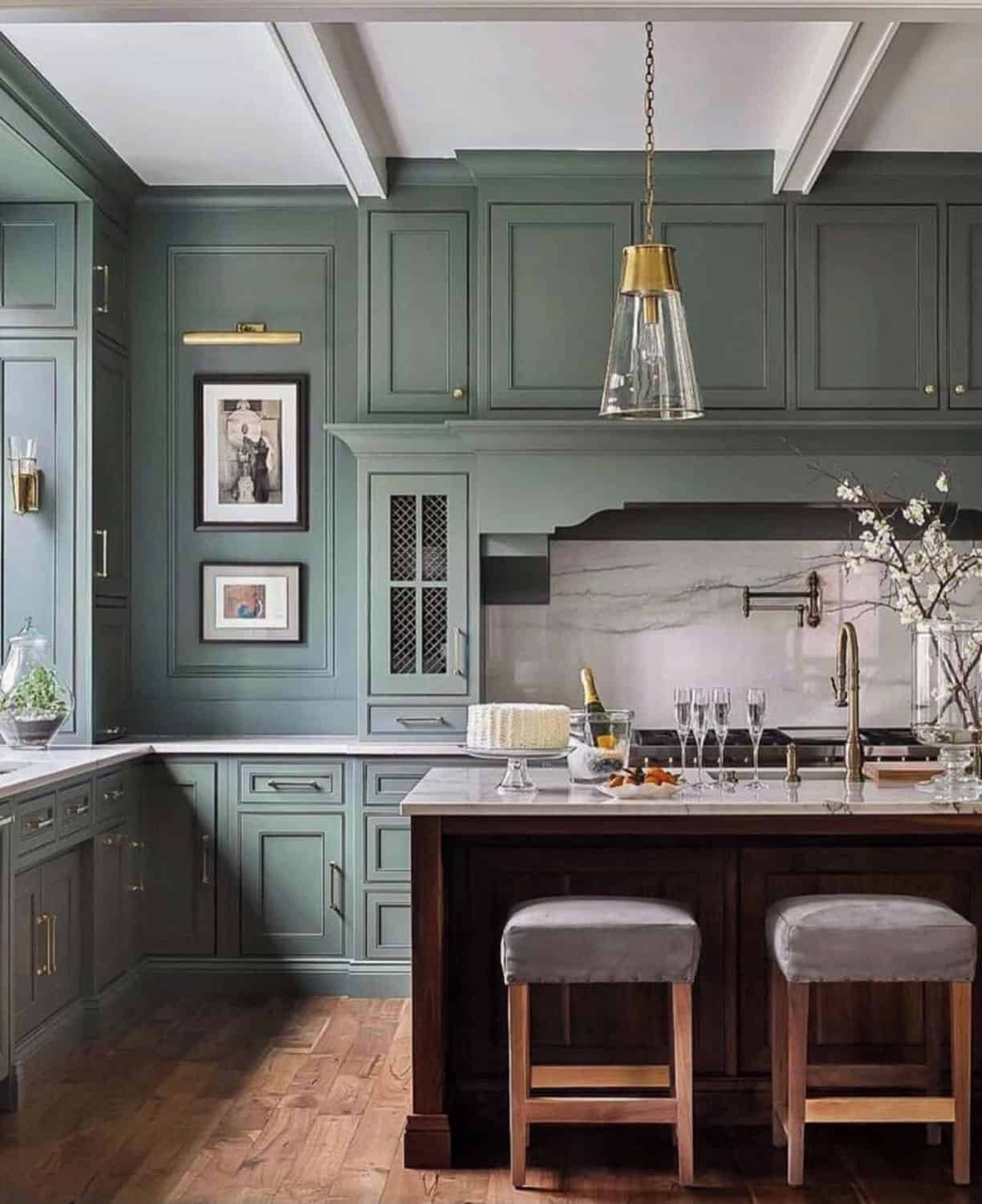 green cabinets with Circa lighting brass sconce