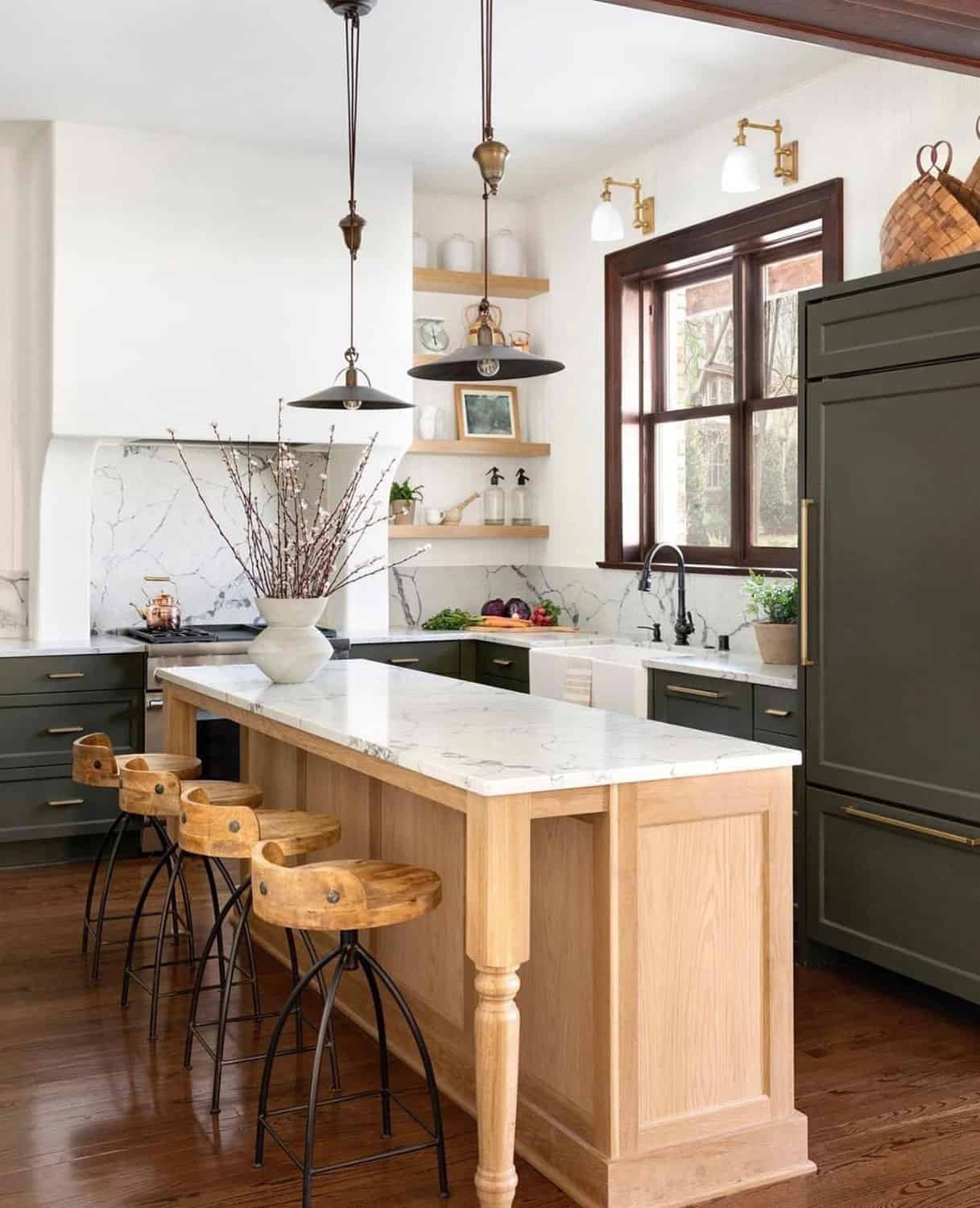 natural wood island, white marble counters