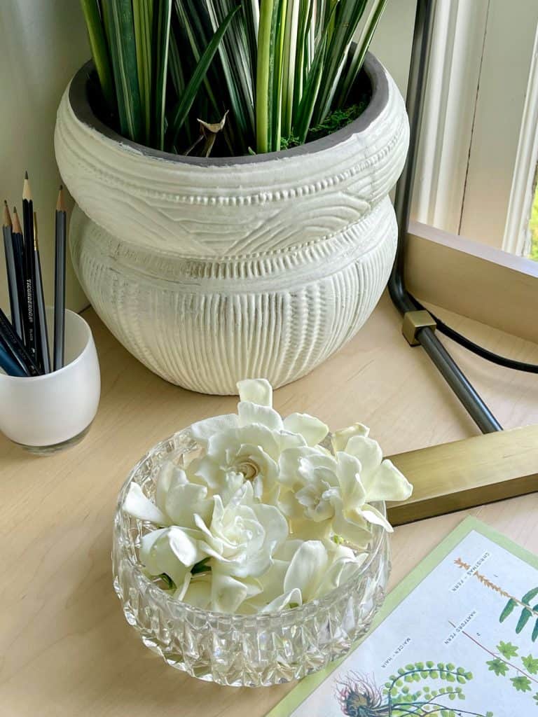 white gardenia blooms in a bowl