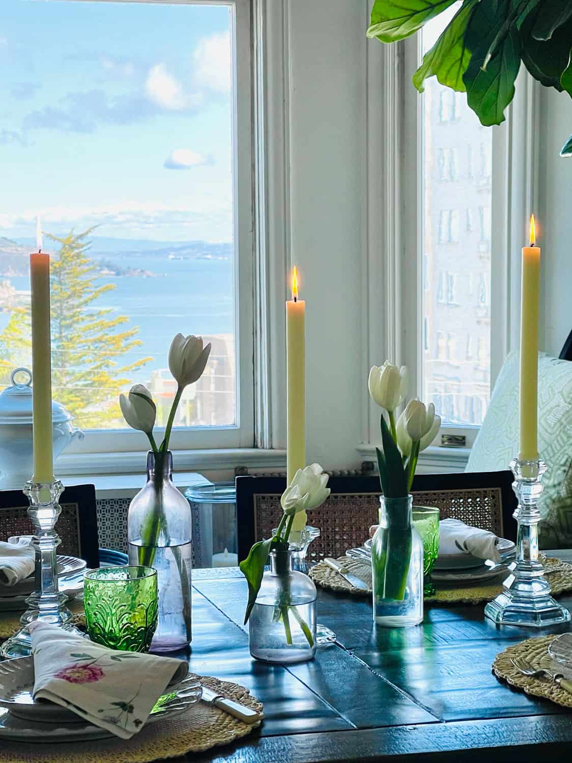 Mary Ann Pickett's Spring table with San Francisco Bay view
