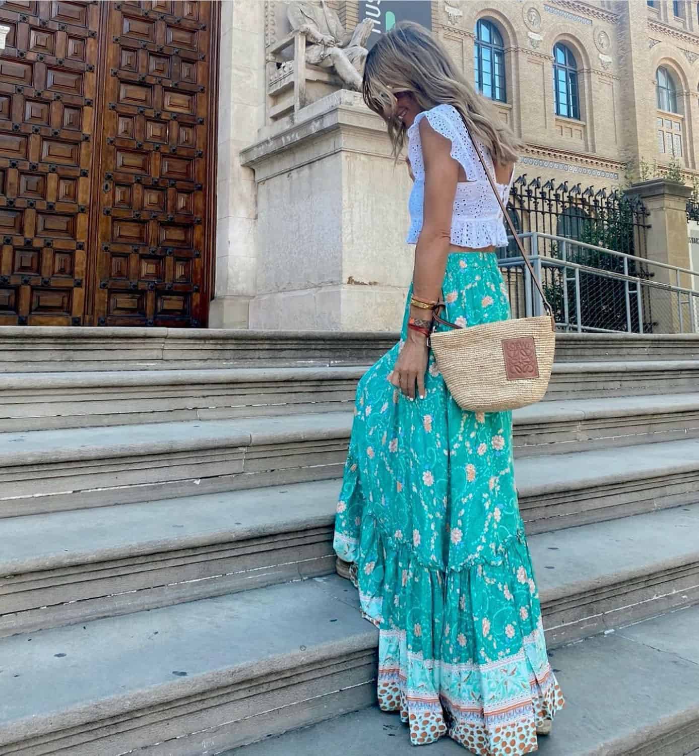 Aqua skirt and straw crossbody bad
