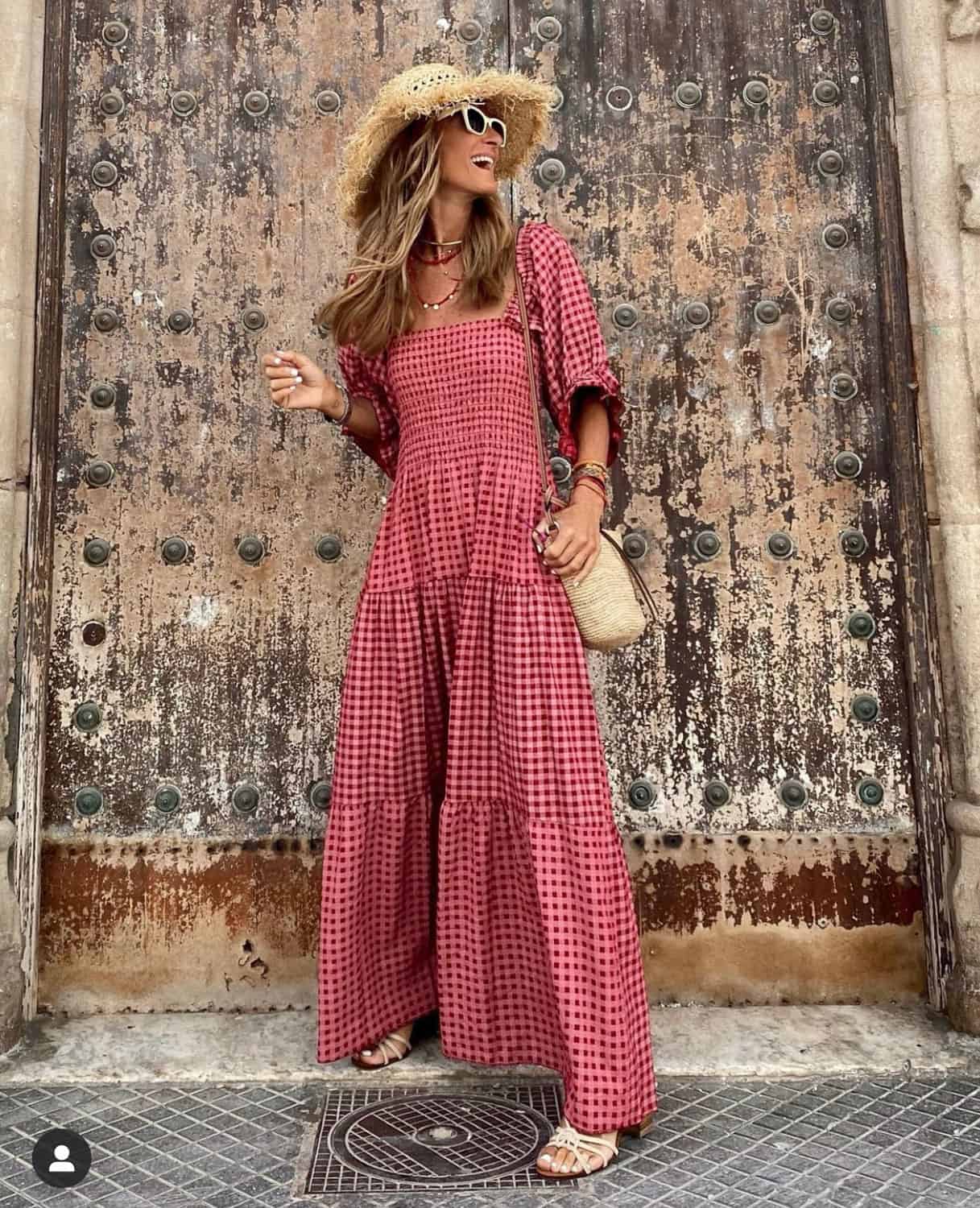 Red gingham smocked maxi dress