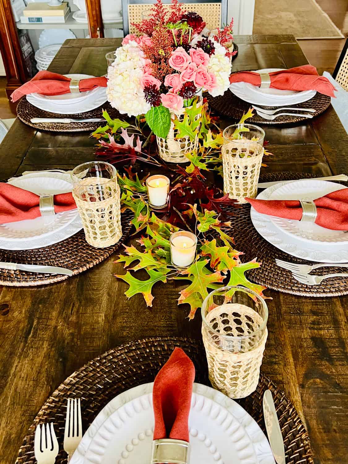 rust napkins and wicker placemats