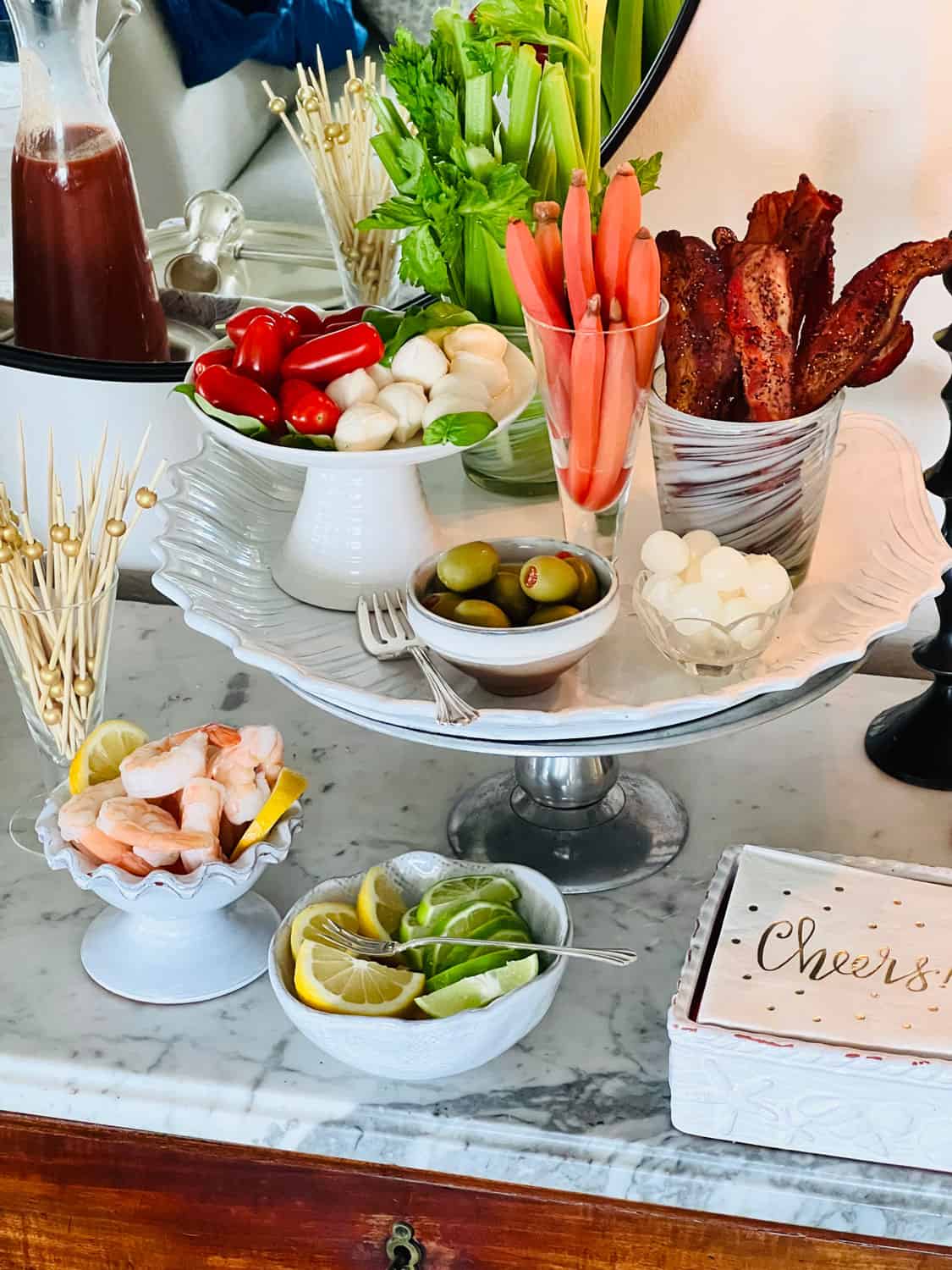 Crispy bacon, celery stalks, carrots, olives, grape tomatoes, cocktail onions for Bloody Mary Bar
