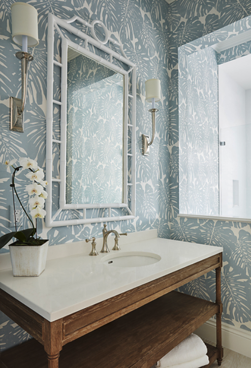 pretty wallpaper in small bath by Kara Herbet Interiors
