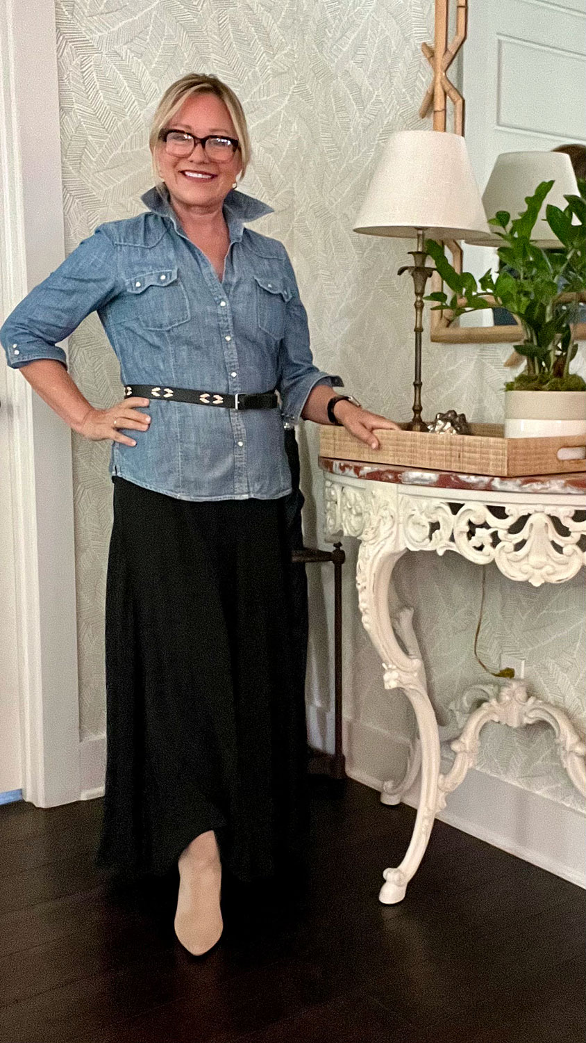 Mary Ann Pickett in Chambray shirt and maxi skirt with tan booties