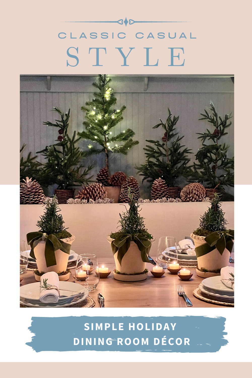 Green And White Christmas In The Dining Room with terracotta votives