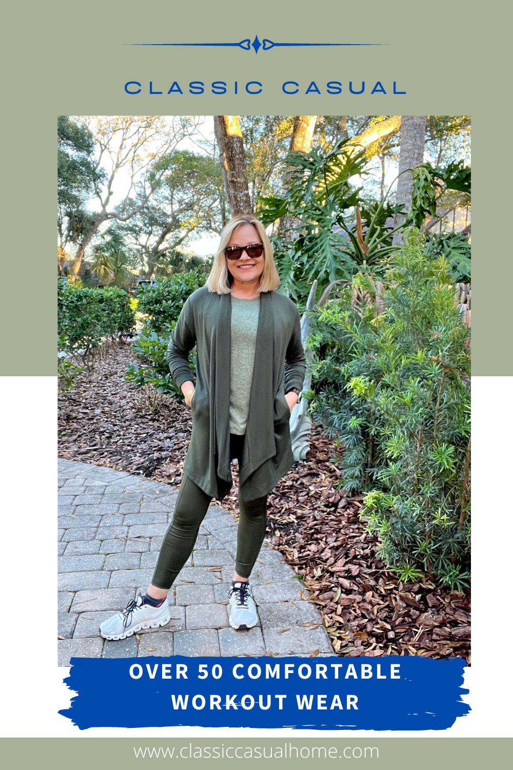 Mary Ann Pickett in green leggings and cardigan Polished Workout Wear