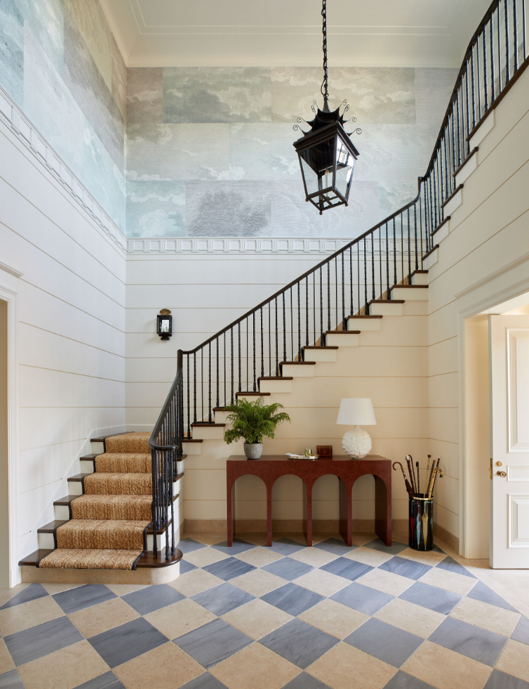 stairs with checkerboard and sisal runner